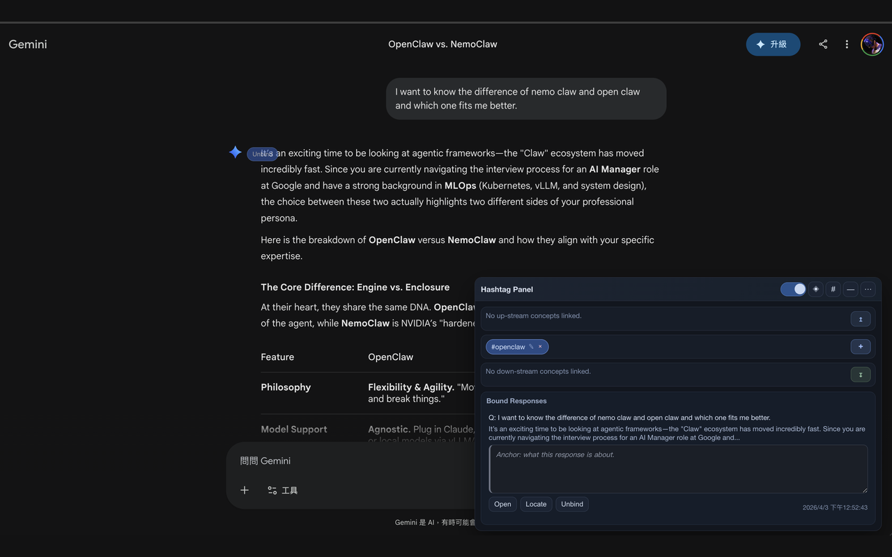 Panel view inside a Gemini chat